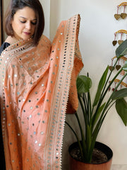 Peach Crepe Dupatta with Mirror and Cut Daana Work with Gota Lace Border