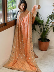 Peach Crepe Dupatta with Mirror and Cut Daana Work with Gota Lace Border