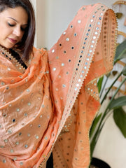 Peach Crepe Dupatta with Mirror and Cut Daana Work with Gota Lace Border