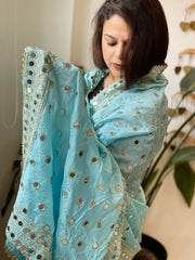 Sky Blue Crepe Dupatta with Mirror and Cut Daana Work with Gota Lace Border