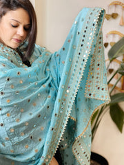 Sky Blue Crepe Dupatta with Mirror and Cut Daana Work with Gota Lace Border