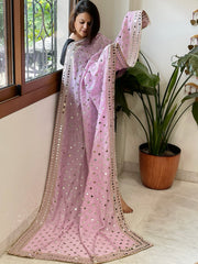 Baby Pink Crepe Dupatta with Mirror and Cut Daana Work with Gota Lace Border