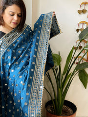 Teal Crepe Dupatta with Mirror and Cut Daana Work with Gota Lace Border