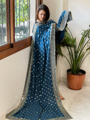 Teal Crepe Dupatta with Mirror and Cut Daana Work with Gota Lace Border