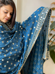 Teal Crepe Dupatta with Mirror and Cut Daana Work with Gota Lace Border