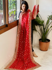 Red Crepe Dupatta with Mirror and Cut Daana Work with Gota Lace Border