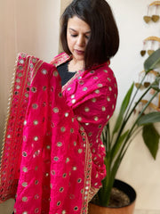 Hot Pink Crepe Dupatta with Mirror and Cut Daana Work with Gota Lace Border