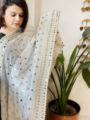 White Crepe Dupatta with Mirror and Cut Daana Work with Gota Lace Border