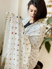 White Crepe Dupatta with Mirror and Cut Daana Work with Gota Lace Border