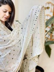 White Crepe Dupatta with Mirror and Cut Daana Work with Gota Lace Border