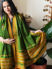 Leaf Green Handwoven Woollen Shawl with Mirror Handwork