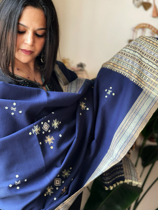 Blue Handwoven Woollen Shawl with Mirror Handwork