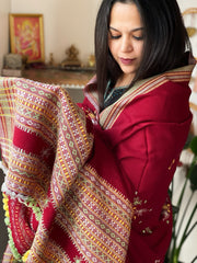 Maroon Handwoven Woollen Shawl with Mirror Handwork