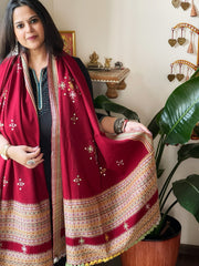 Maroon Handwoven Woollen Shawl with Mirror Handwork