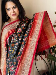 Black Handwoven Ikat Patola with Gotapatti & Pearl Handwork dupatta in Pure Silk