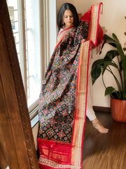 Black Handwoven Ikat Patola with Gotapatti & Pearl Handwork dupatta in Pure Silk