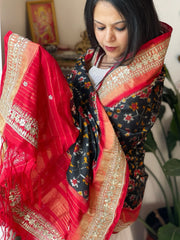 Black Handwoven Ikat Patola with Gotapatti & Pearl Handwork dupatta in Pure Silk