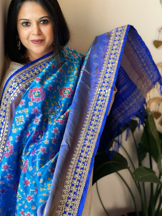 Blue Handwoven Ikat Patola with Gotapatti & Pearl Handwork dupatta in Pure Silk