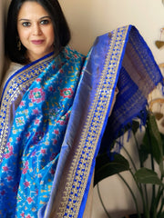 Blue Handwoven Ikat Patola with Gotapatti & Pearl Handwork dupatta in Pure Silk