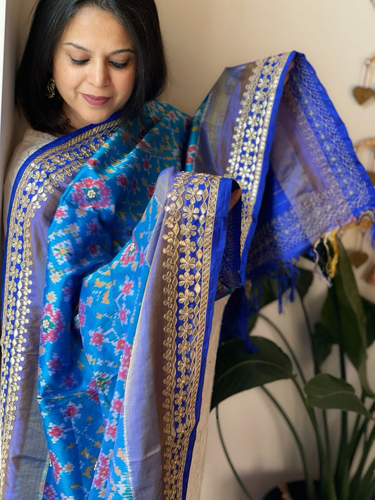 Blue Handwoven Ikat Patola with Gotapatti & Pearl Handwork dupatta in Pure Silk