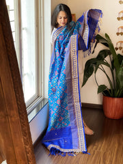 Blue Handwoven Ikat Patola with Gotapatti & Pearl Handwork dupatta in Pure Silk