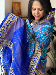 Blue Handwoven Ikat Patola with Gotapatti & Pearl Handwork dupatta in Pure Silk