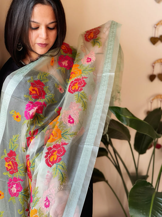 Sea Green Organza Dupatta with cross-stitch embroidery