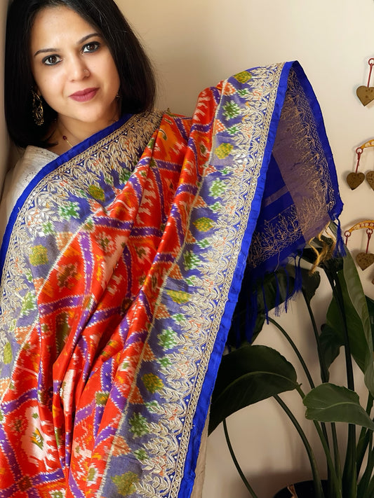 Orange Handwoven Ikat Patola with Gotapatti & Pearl Handwork dupatta in Pure Silk