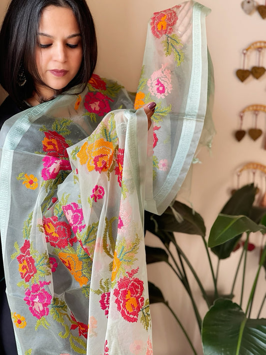 Sea Green Organza Dupatta with cross-stitch embroidery