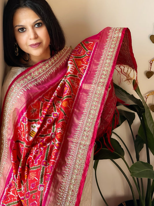 Orange, Pink Handwoven Ikat Patola with Gotapatti & Pearl Handwork dupatta in Pure Silk