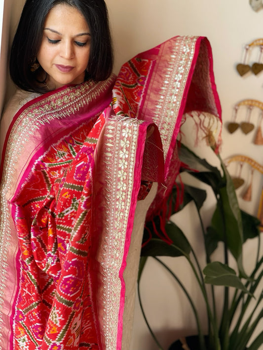 Orange, Pink Handwoven Ikat Patola with Gotapatti & Pearl Handwork dupatta in Pure Silk