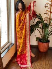 Yellow Handwoven Ikat Patola with Gotapatti & Pearl Handwork dupatta in Pure Silk