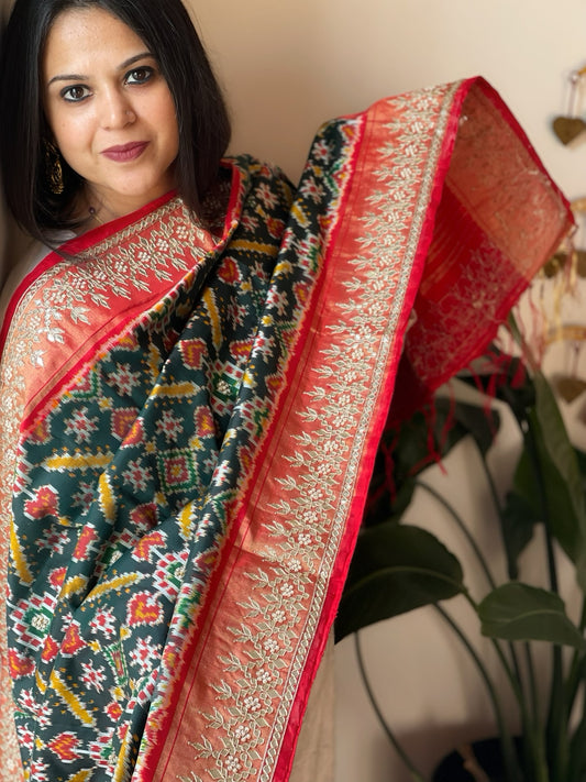 Deep Green Handwoven Ikat Patola with Gotapatti & Pearl Handwork dupatta in Pure Silk