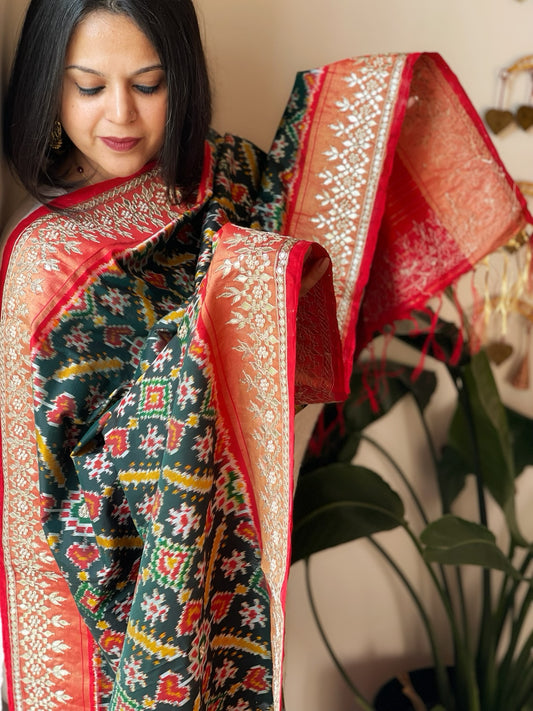 Deep Green Handwoven Ikat Patola with Gotapatti & Pearl Handwork dupatta in Pure Silk