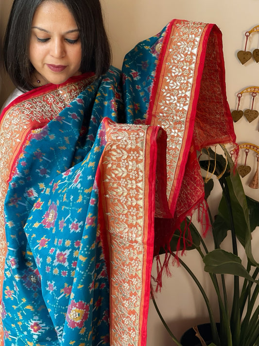Firozi Blue Handwoven Ikat Patola with Gotapatti & Pearl Handwork dupatta in Pure Silk