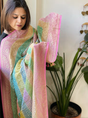 Multicolor Handwoven Banarasi Rangkhat Dupatta in Pure Georgette