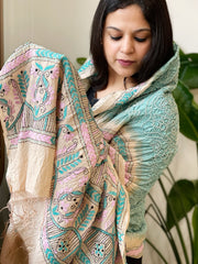 Aqua Green Rai Bandhej Dupatta with Kantha Handwork in Pure Munga Tussar Silk