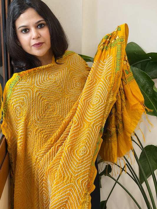 Yellow Rai Bandhej Dupatta with Kantha Handwork in Pure Munga Tussar Silk