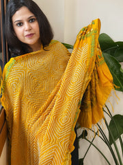 Yellow Rai Bandhej Dupatta with Kantha Handwork in Pure Munga Tussar Silk