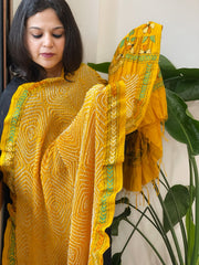 Yellow Rai Bandhej Dupatta with Kantha Handwork in Pure Munga Tussar Silk