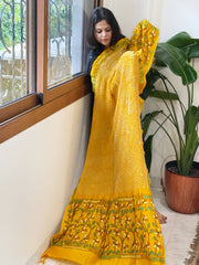 Yellow Rai Bandhej Dupatta with Kantha Handwork in Pure Munga Tussar Silk