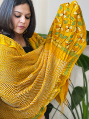 Yellow Rai Bandhej Dupatta with Kantha Handwork in Pure Munga Tussar Silk