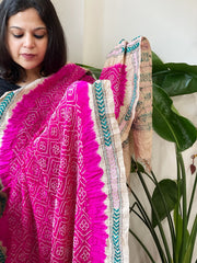 Rani Pink Rai Bandhej Dupatta with Kantha Handwork in Pure Munga Tussar Silk