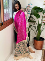 Rani Pink Rai Bandhej Dupatta with Kantha Handwork in Pure Munga Tussar Silk