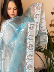 Dark Aqua Blue Handwoven Jamdani Dupatta in Pure Muslin