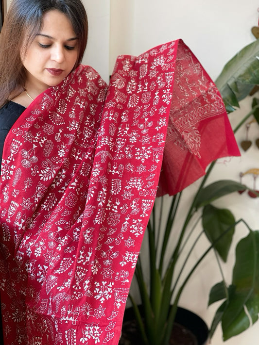 Red Handmade Kantha Dupatta in Pure Cotton