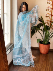 Dark Aqua Blue Handwoven Jamdani Dupatta in Pure Muslin