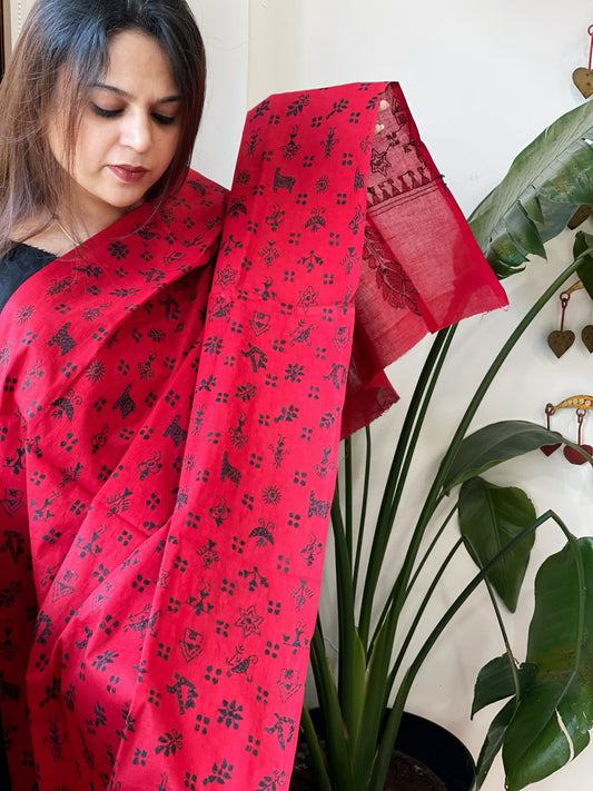 Red Handmade Kantha Dupatta in Pure Cotton