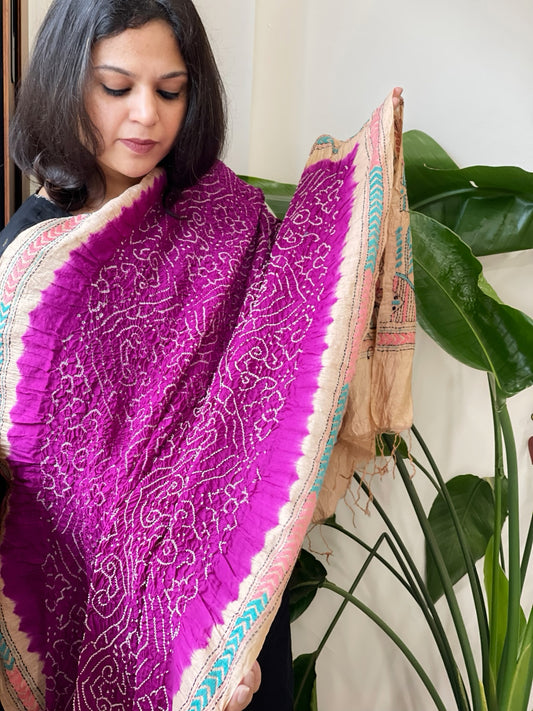 Purple Rai Bandhej Dupatta with Kantha Handwork in Pure Munga Tussar Silk
