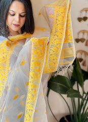 Yellow Handwoven Jamdani Dupatta in Pure Muslin